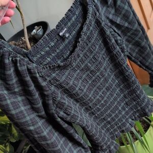 Madewell Black and Green Smocked Top